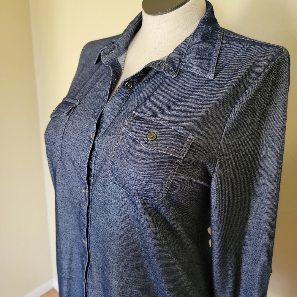 Chambray Style Button Down Rayon Blend - Picture 2 of 12